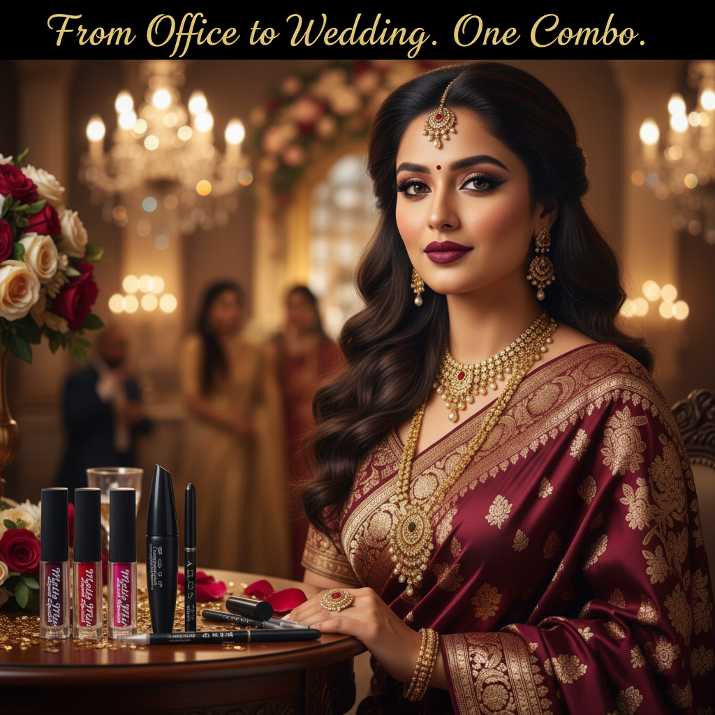 Indian woman in saree with wedding glam look using lip and eye combo