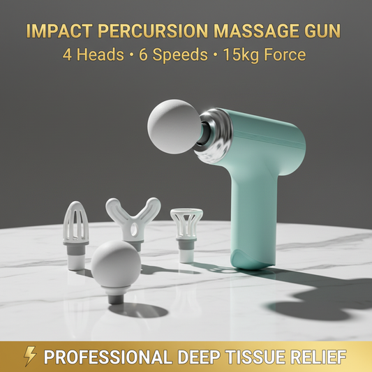Impact percussion massage gun hero shot with all 4 heads white background