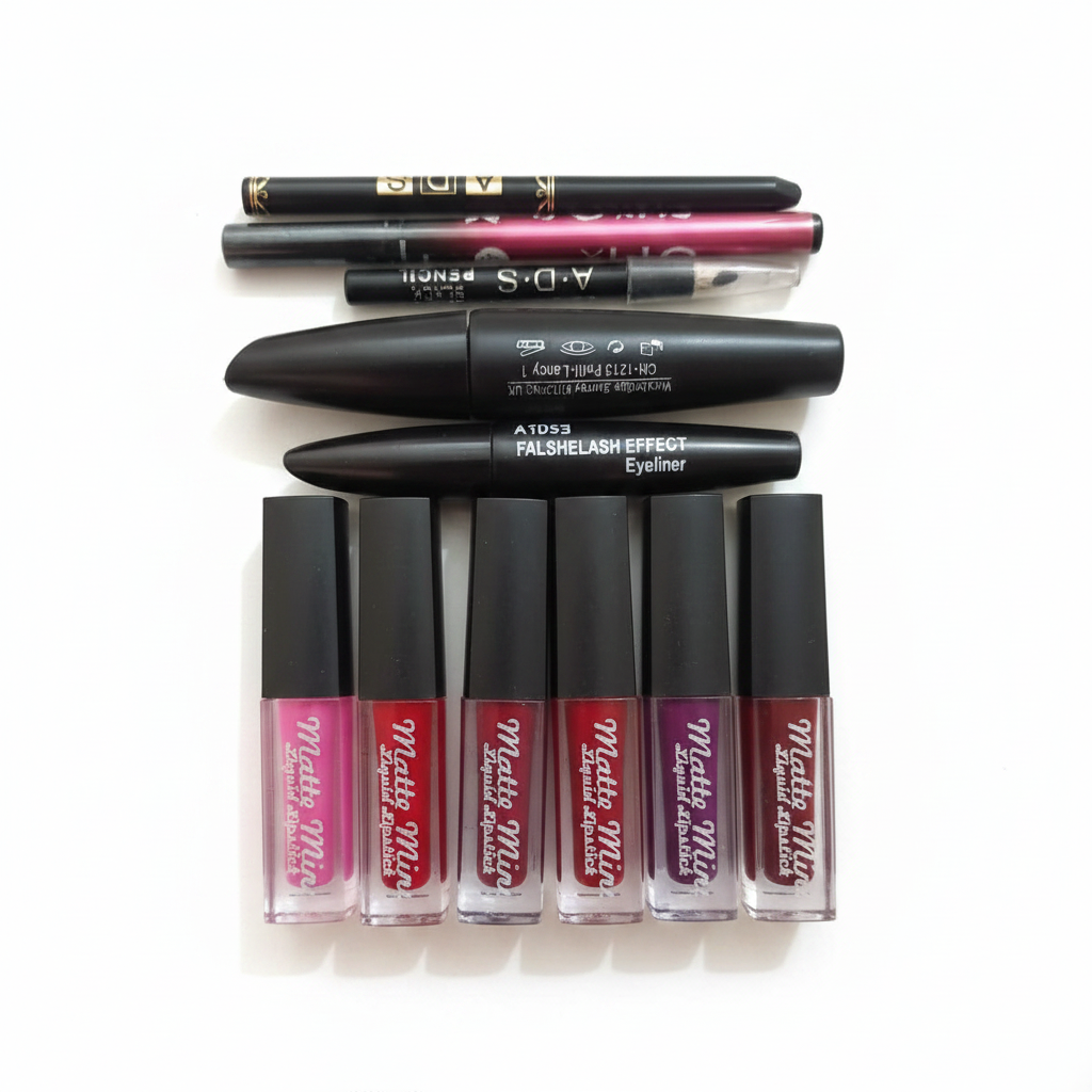 9-piece lip and eye combo flat lay on white background