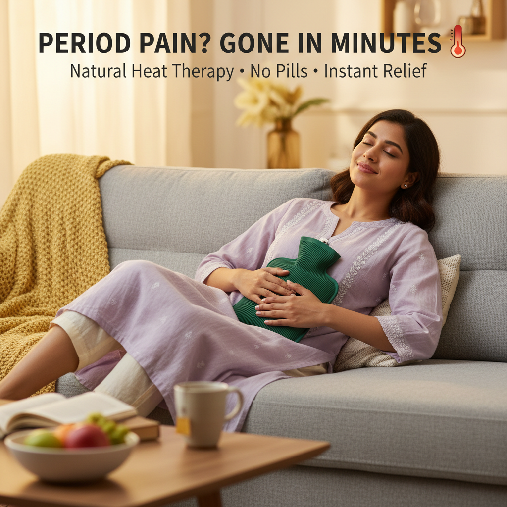 Indian woman using green hot water bag for period cramp relief