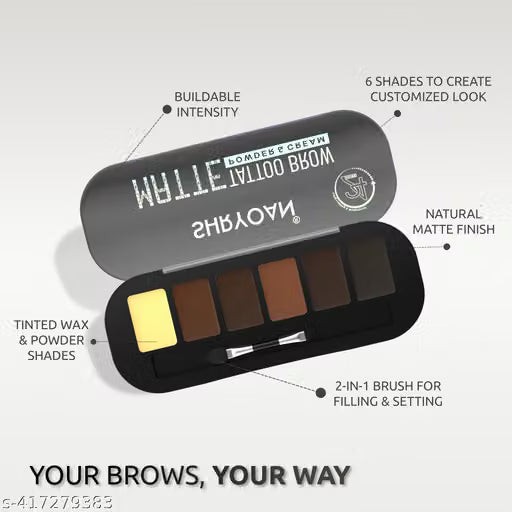 All-Day Brow Powder Kit – Waterproof Matte Tattoo Brow with 6 Shades, Wax & 2-in-1 Brush