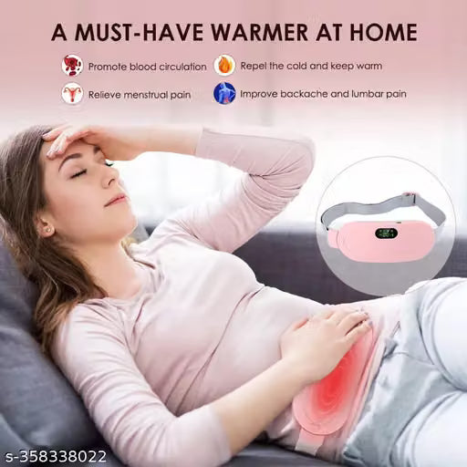Woman using period cramp massager heating pad on sofa for menstrual pain relief