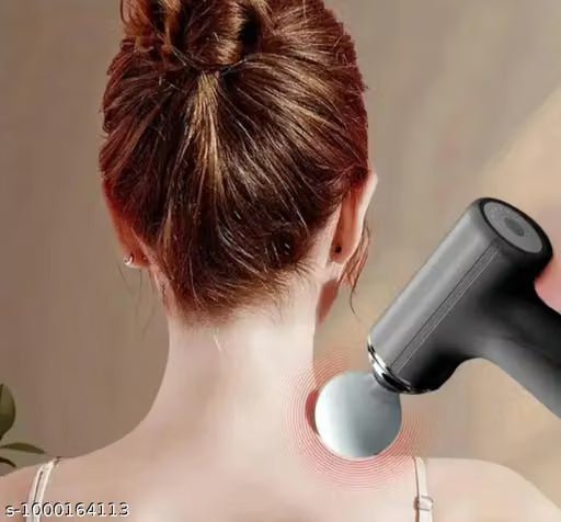 Woman using percussion massage gun on neck for pain relief