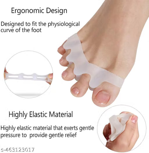 ToeEase Pro silicone toe separator pair worn on feet white background